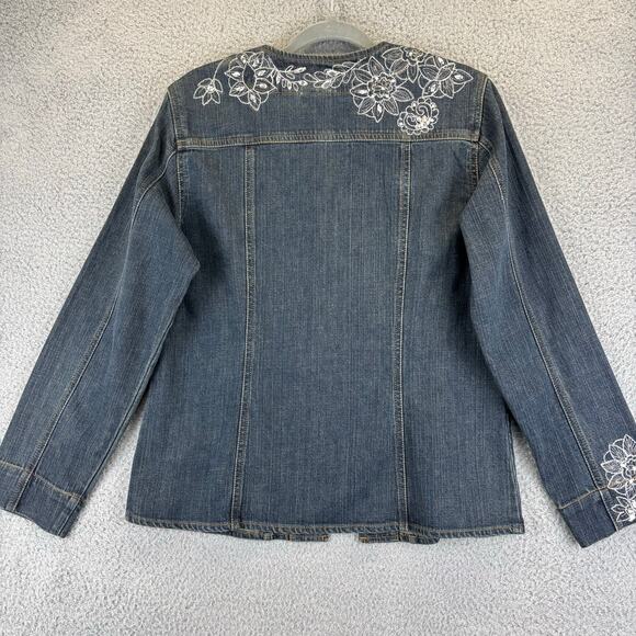Chicos Silver Denim Jacket Medium Boho Artsy Embroidery Maximal Embellish Floral - Picture 8 of 11